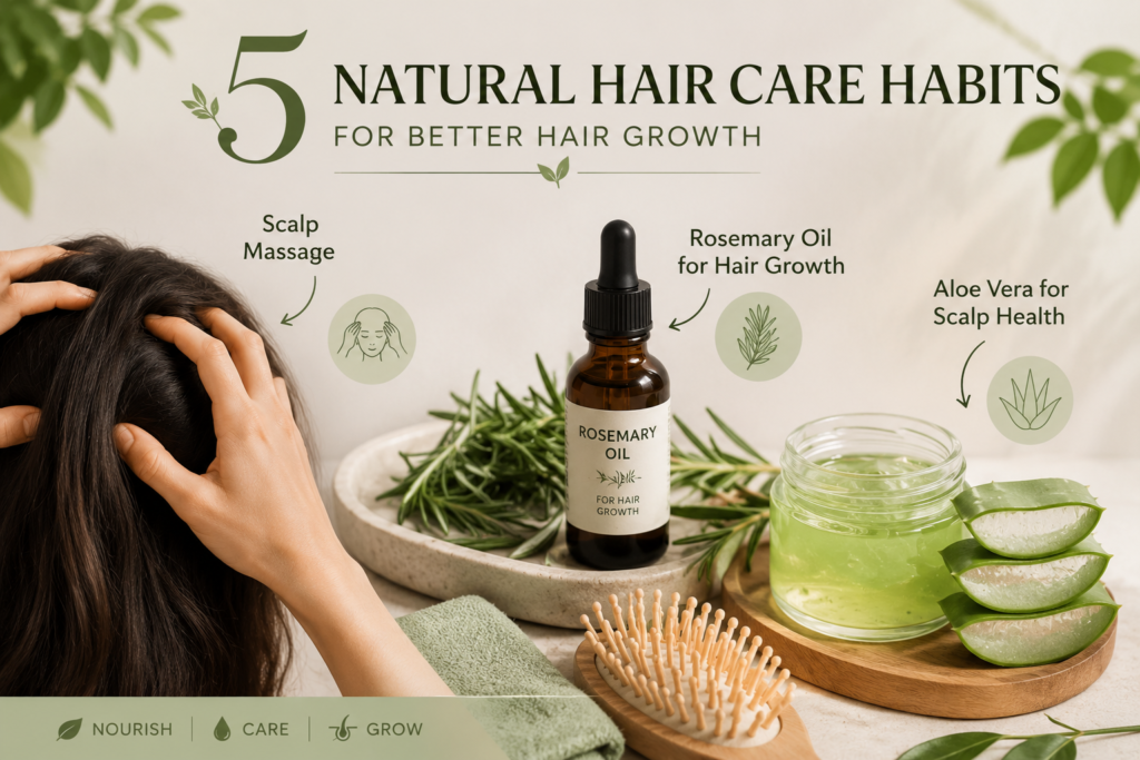 Natural-hair-care-habits-for-better hair-growth-featuring-scalp-massage, rosemaryoil-aloeveragel-and-healthy hair-care-essentials.