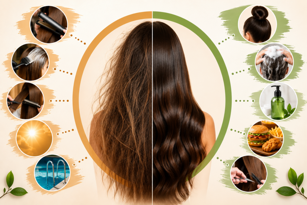 what-causes-hair-damage-heat-styling-bleaching-sun-exposure-chemical-treatments-and-healthy-vs-damaged-hair-comparison