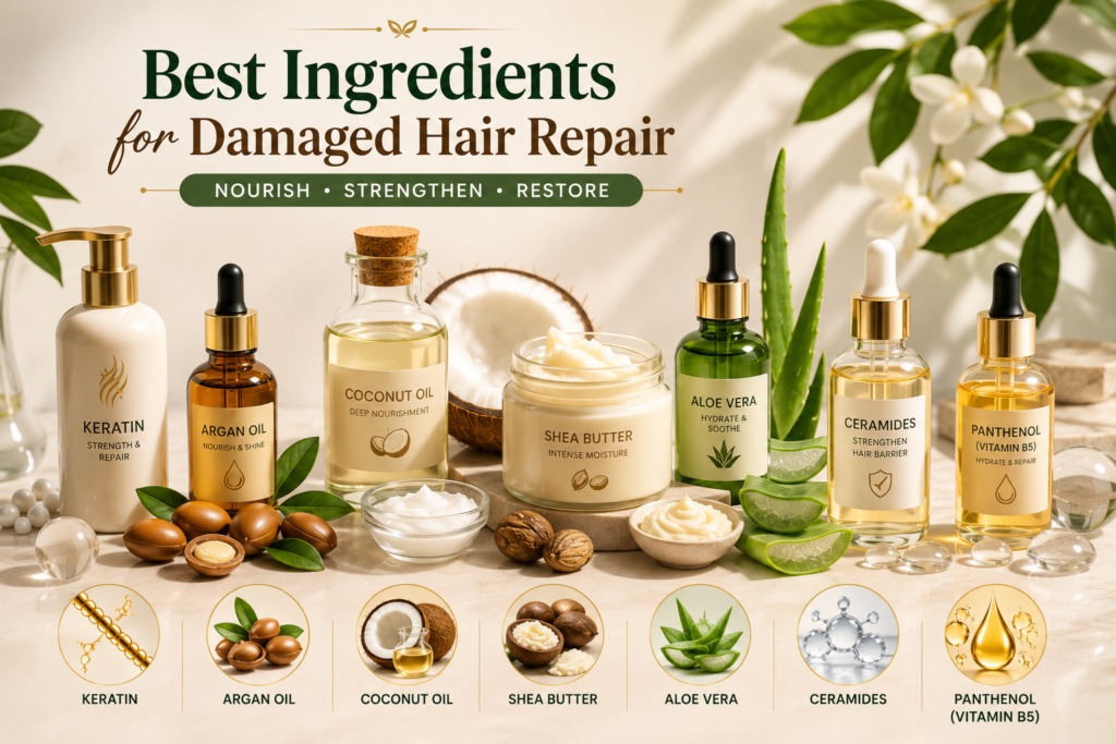 best-ingredients-for-damaged-hair-repair-keratin-argan-oil-coconut-oil-shea-butter-aloe-vera-ceramides-panthenol-vitamin-b5