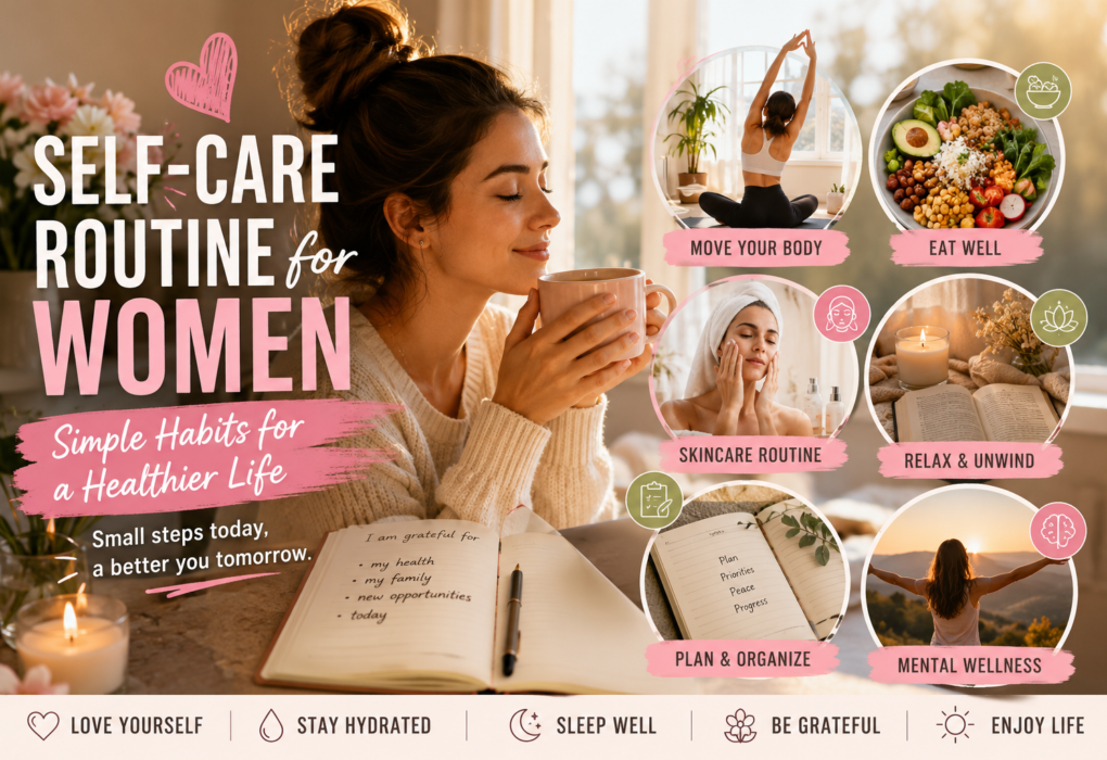 Self-care-routine- for-women-with--healthy-daily--habits,-skincare,-yoga,-journaling-and- wellness