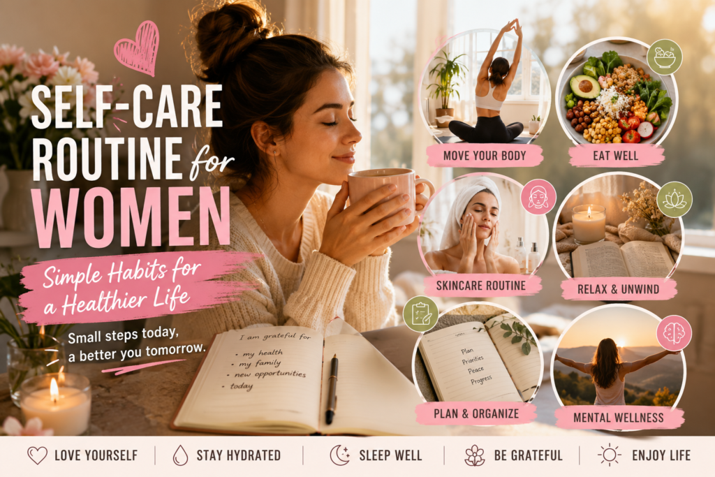 Self-care-routine- for-women-with--healthy-daily--habits,-skincare,-yoga,-journaling-and- wellness